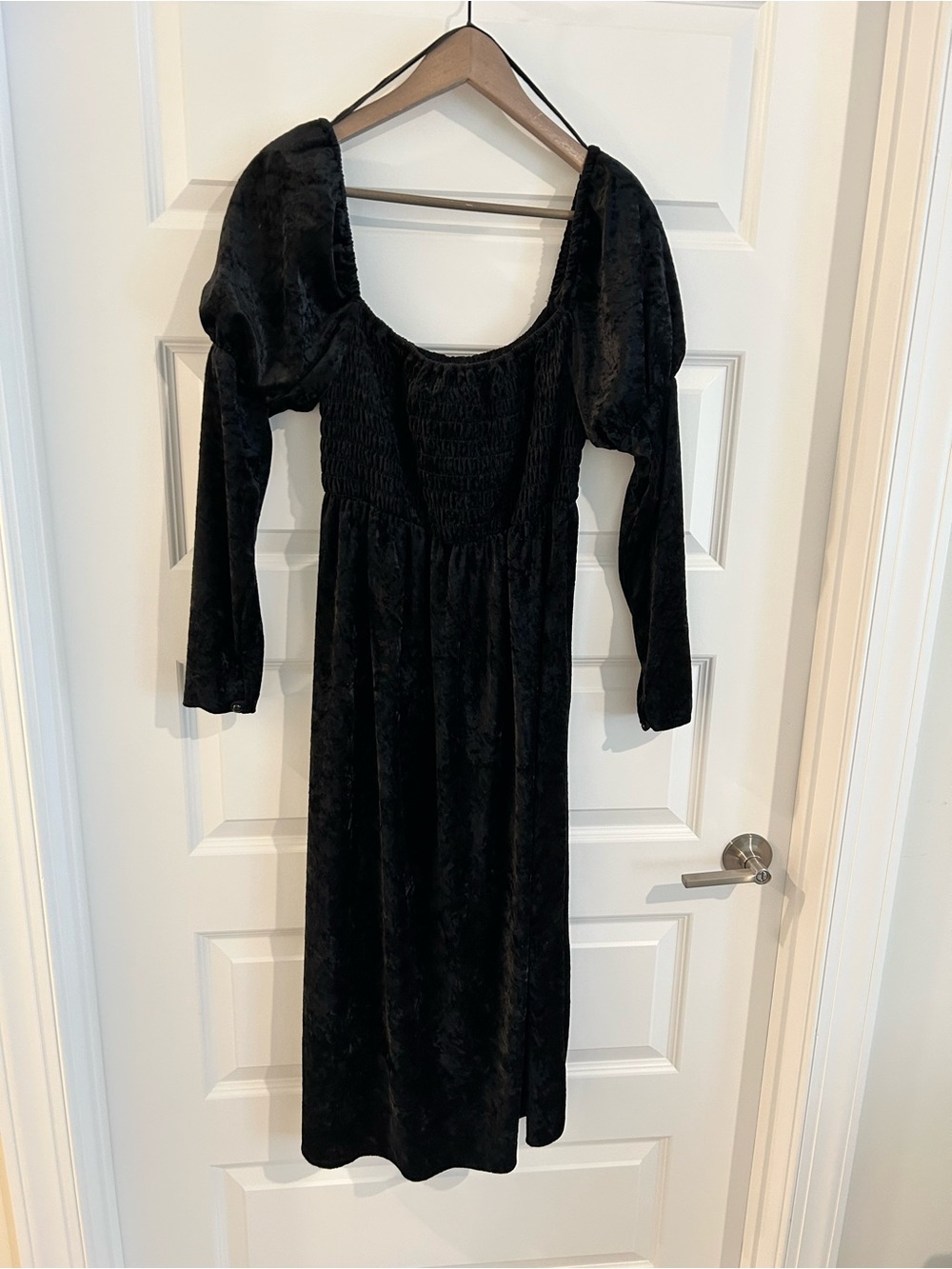 Vintage 90s Grunge Crushed Velvet Puff Sleeve Dress Black Size 5